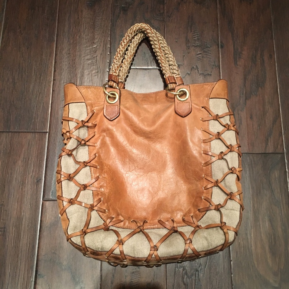 ❤️Gryson Brown Leather Handbag Tote Canvas Large